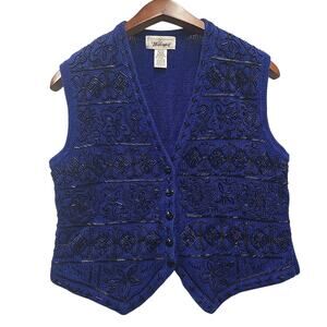Vintage Worthington Womens Beaded Sweater Vest Cardigan Petite Large Blue Black